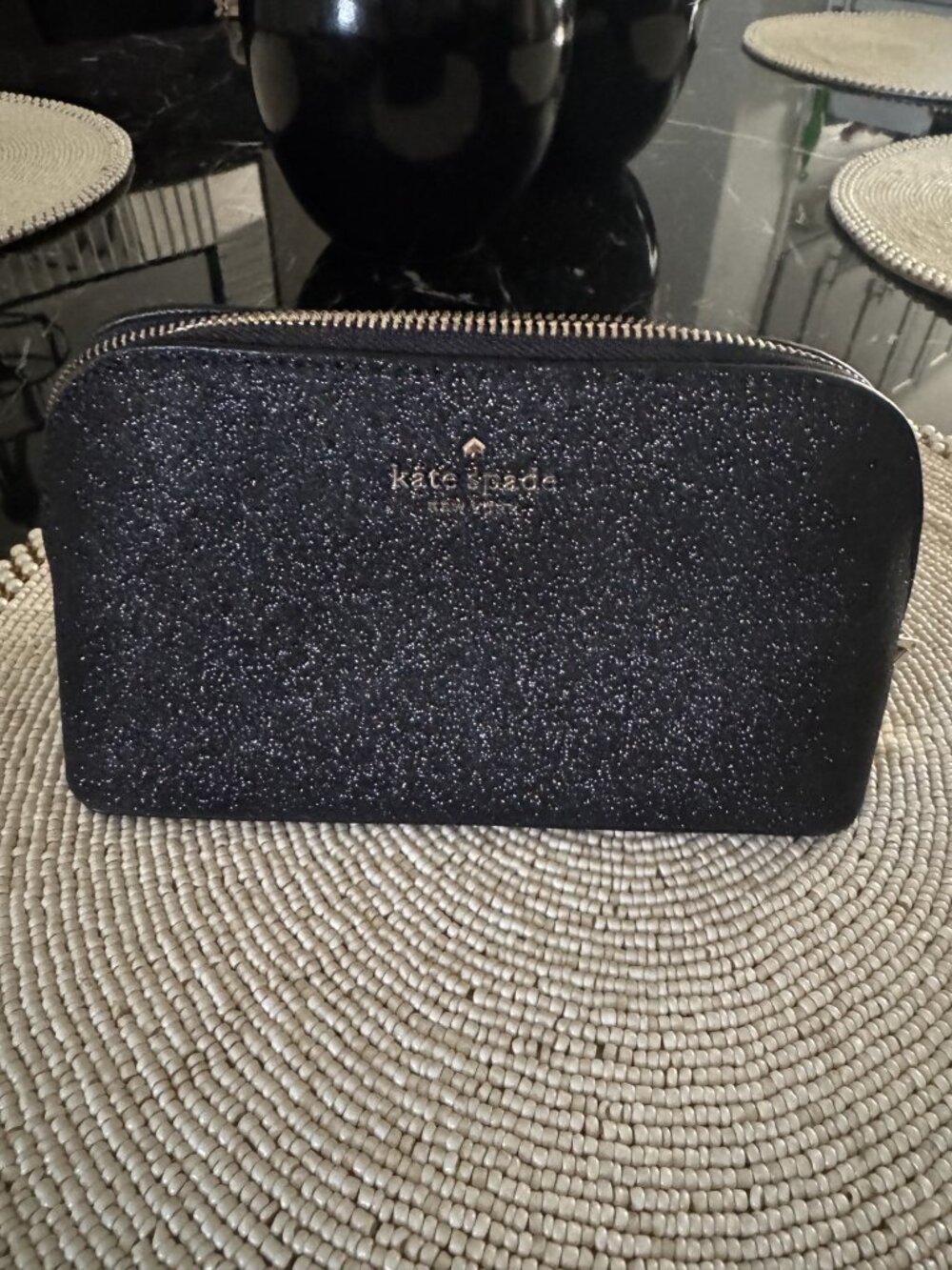 KATE SPADE DOME COSMETIC BAG BLACK SPARKLE Tinsel Pouch